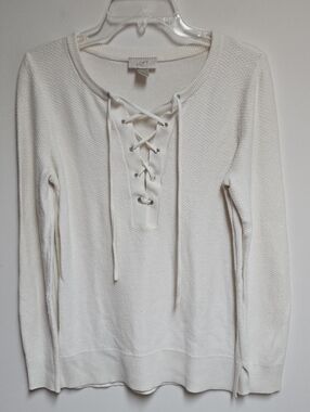 LOFT White Lace-Up Knit Long Sleeve Sweater Small